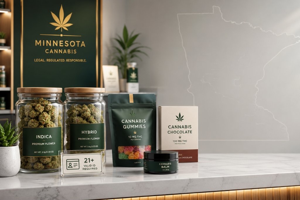 Create a realistic, high-resolution 16:9 featured image for an educational article titled “Is Weed Legal in Minnesota?” Show a modern, clean cannabis retail and legal information concept set in Minnesota. The scene should feature a subtle outline map of Minnesota in the background, soft northern light, and a professional dispensary counter with sealed cannabis flower jars, compliant edible packaging, and a small ID card symbol representing 21+ adult-use rules. Include tasteful cannabis leaf accents, but keep the design sophisticated and not stereotypical. Use a premium editorial style with realistic lighting, deep emerald green, soft gold, white, and muted navy tones. The image should communicate legality, safety, regulation, and consumer education. Avoid people smoking, excessive smoke, cartoon styling, clutter, police imagery, or anything that implies illegal use. Leave clean negative space on one side for article title overlay.